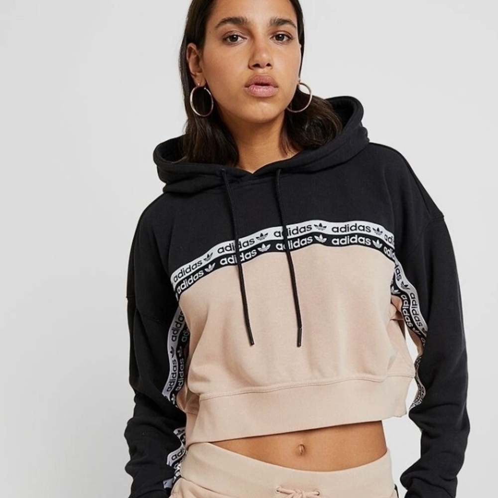 adidas Originals Black and Beige Cropped Hoodie with Logo Tape